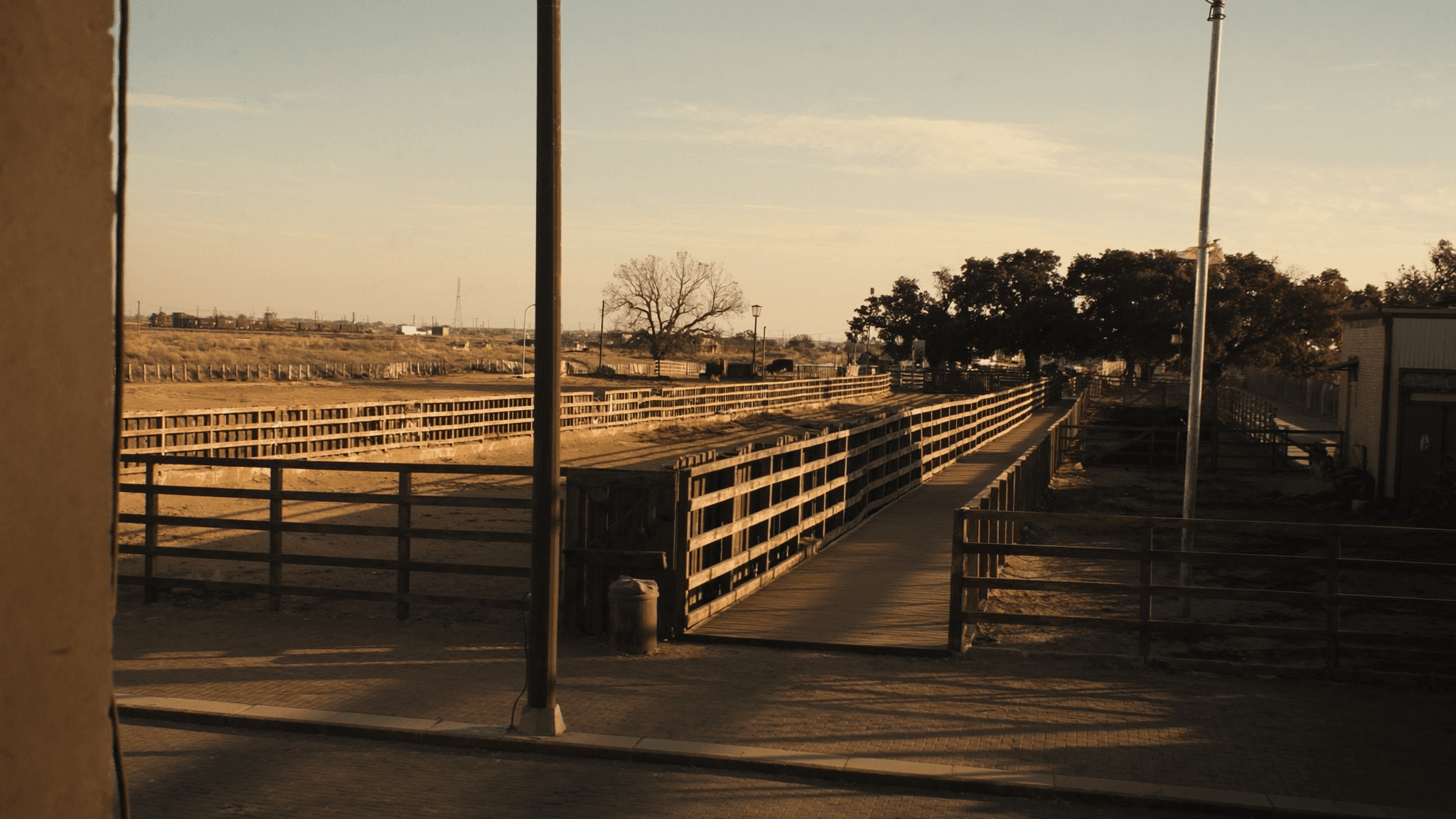 Wooden cattle pens at the Fort Worth Stockyards in golden light