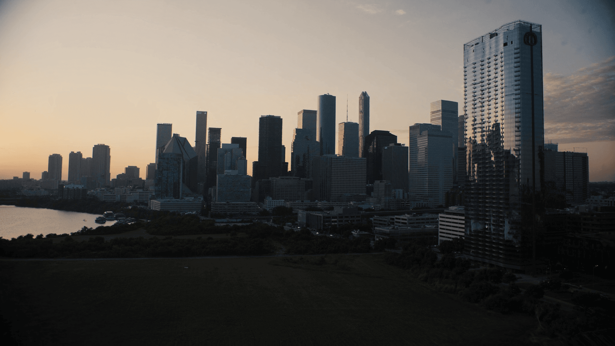 Houston skyline at twilight over Buffalo Bayou